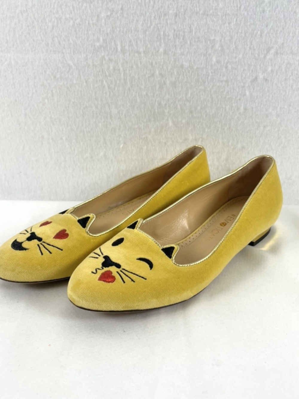 Charlotte Olympia #Emoticats Yellow Velvet Flirty Kitty Flats Made in Italy 7.5